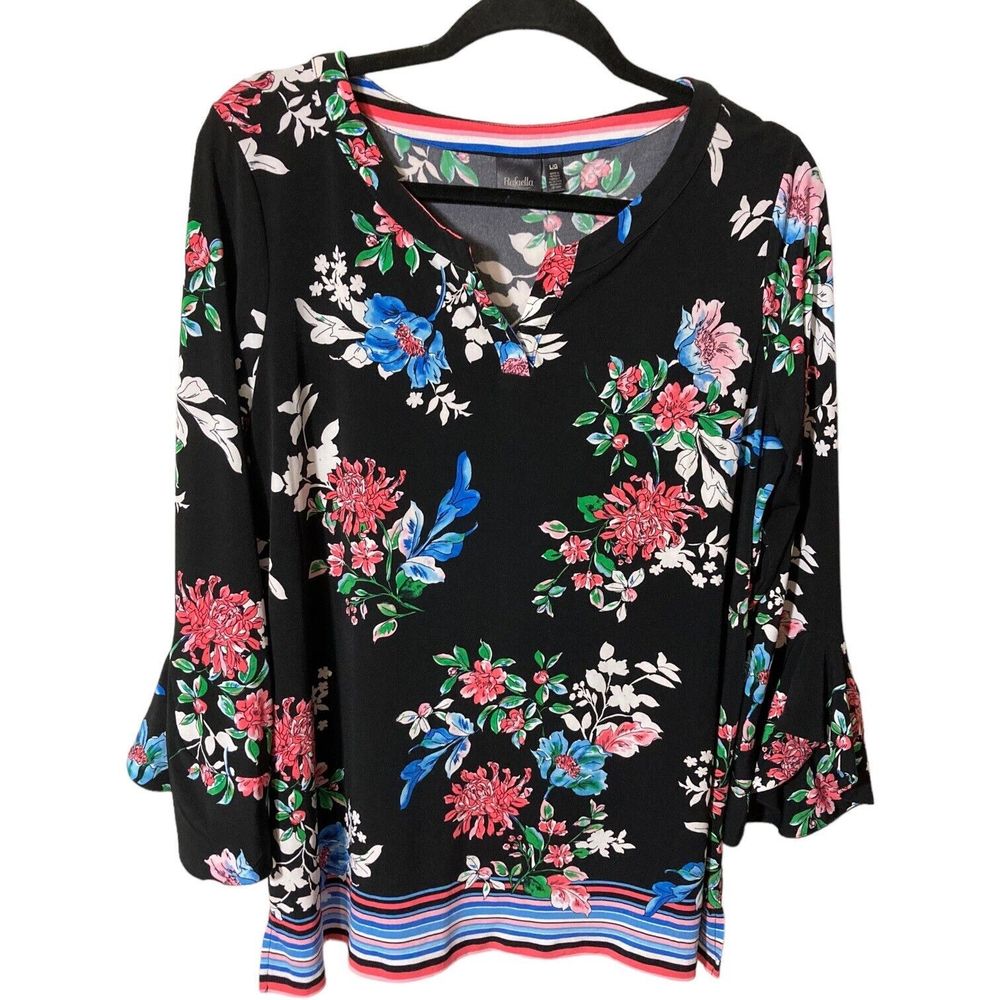Rafaella Womens Large Black Floral V-Neck Long Bell Ruffle Sleeve Blouse Tunic